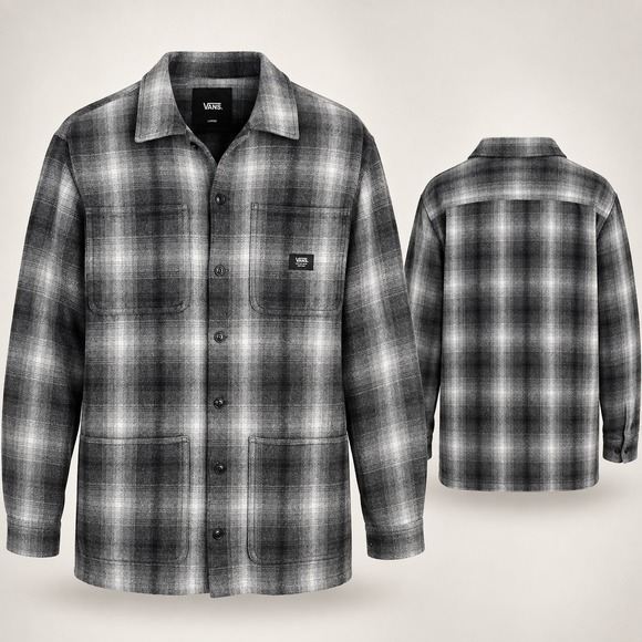 Vans Other - Vans Mens Large Grey Black Plaid Flannel Chore Shirt Jacket 100% Cotton